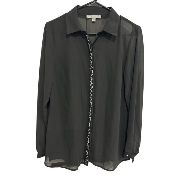 My Collection Medium Black Sheer Long Sleeve Embellished Button-Up Blouse - Picture 1 of 9